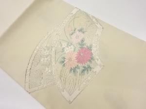 銀駒刺繍地紙に流水・草花模様開き名古屋帯（額縁仕立て）